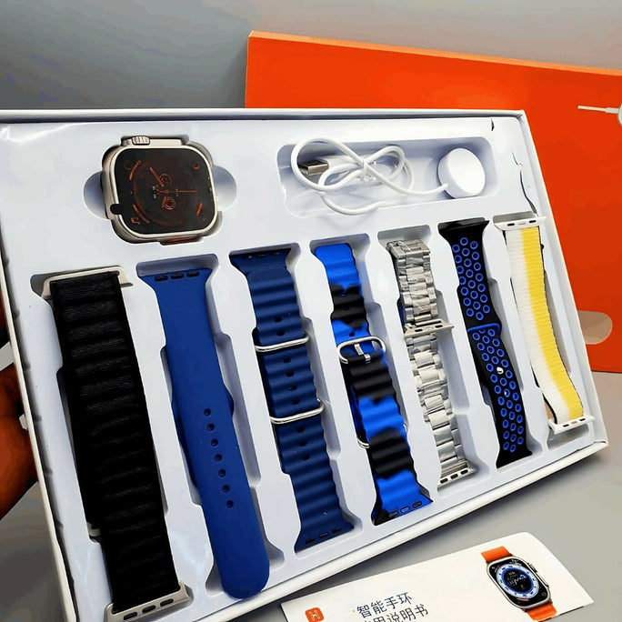 Ultra 3 Smartwatch 7-in-1 Set: Durable Stainless Steel Design, HD Display, Fitness Tracking & 7 Interchangeable Belts and chain walie