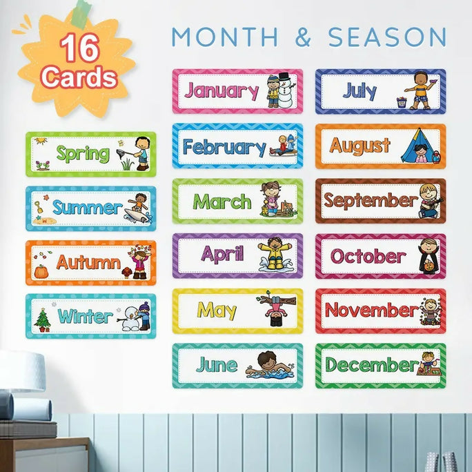 Monthly Headliners for 12 Months and weather Print Painting, Room Decor 16pcs Educational Paper Material Classroom Decor Teacher Teaching Aids School Supplies for Kindergarten