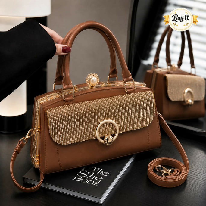 Chic Rhinestone Flap Medium Frame Handbag for Women & Girls - PU Leather Shoulder Bag with Top Clasp