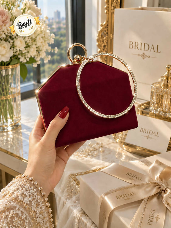 Bridal & Party Wear Shimmering Hard Case Wristlet Clutch for Women - Diamond Ring Handle Evening Purse