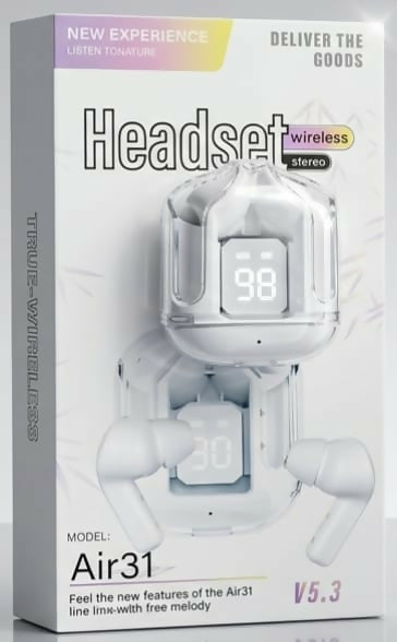 Air31 TWS Wireless Bluetooth Earbuds Transparent LED Display Charging Case V5.3 Headset White