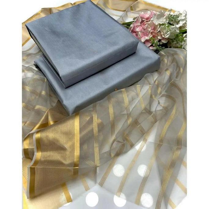 3 Pieces Unstitched Katan Silk Plain Shirt & Trouser With Organza Lining Dupatta For Womens & Girls