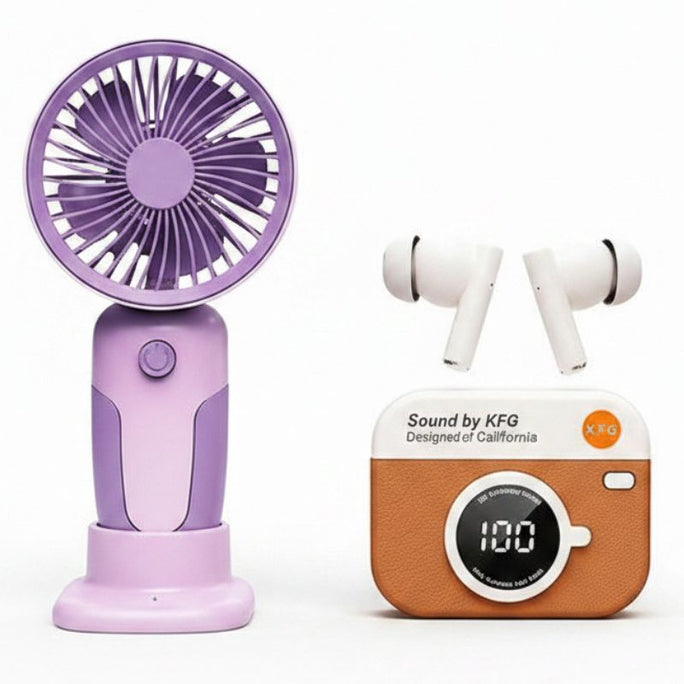 Mini Handheld Fan + X73 TWS Wireless Earbuds Bundle | Portable Cooling Fan & Bluetooth Earbuds Combo