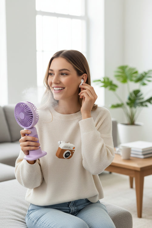 Mini Handheld Fan + X73 TWS Wireless Earbuds Bundle | Portable Cooling Fan & Bluetooth Earbuds Combo