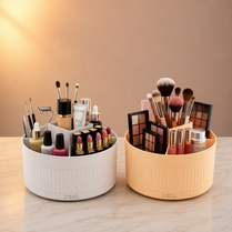 360° Rotating Makeup Organizer Plastic Cosmetic Storage Box – Makeup Brush Holder, Lipstick & Skincare Organizer for Dressing Table