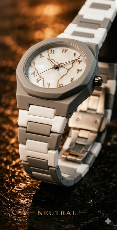 Original GRAY WHITE Arabic Aura Waterproof Wrist Watch: Trending Matte Finish Luxury Timepiece for Men & Boys special Premium Arabic Aura Watch 2026 watch: Luxury Minimalist Design with Butterfly Clasp & Fiber Chain for Men