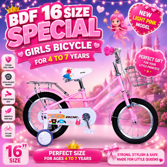 BDF 16 Size Girls Bicycle – Dark Pink | Girls Special Model | For 4–8 Years | With Steel Basket