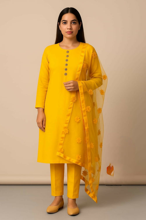 Unstitched 3 Piece Collection Katan Silk Plain Shirt & Trouser With Net Dupatta For Women Dress for women