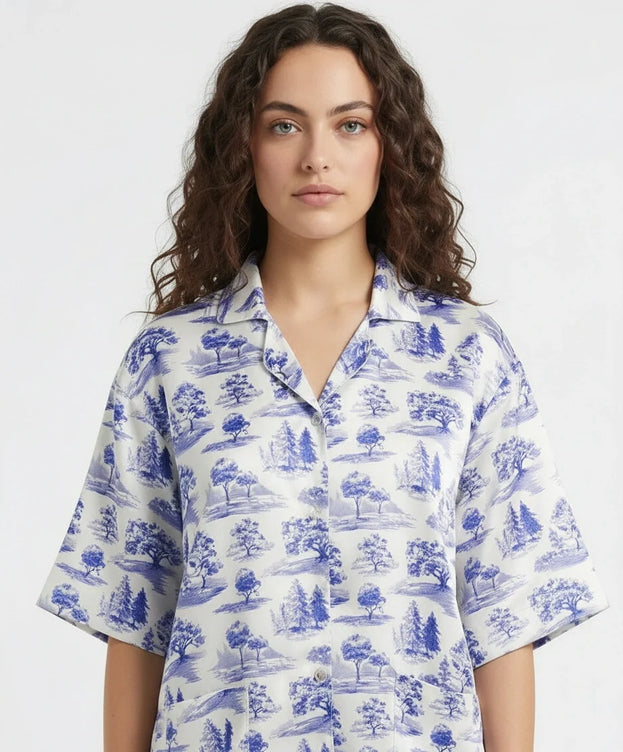 Sajiero Drop Shoulder Silk Pajama Suit - Blue Meadow