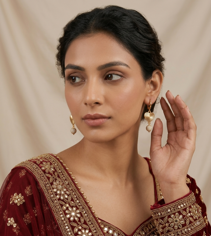 Gold Textured Heart & Crystal Ball Dangle Earrings for Women - Sparkly Huggie Hoop Drop Earrings with Pave Sphere Accent