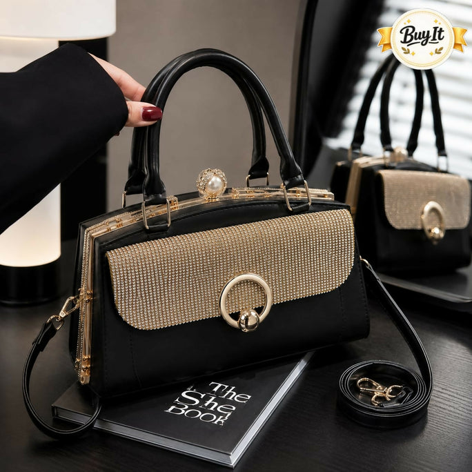 Chic Rhinestone Flap Medium Frame Handbag for Women & Girls - PU Leather Shoulder Bag with Top Clasp
