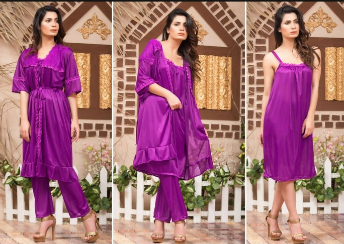3 Pcs Silk Nighty For Women (Gown , Inner ,Trouser) / Night Suit For Girls