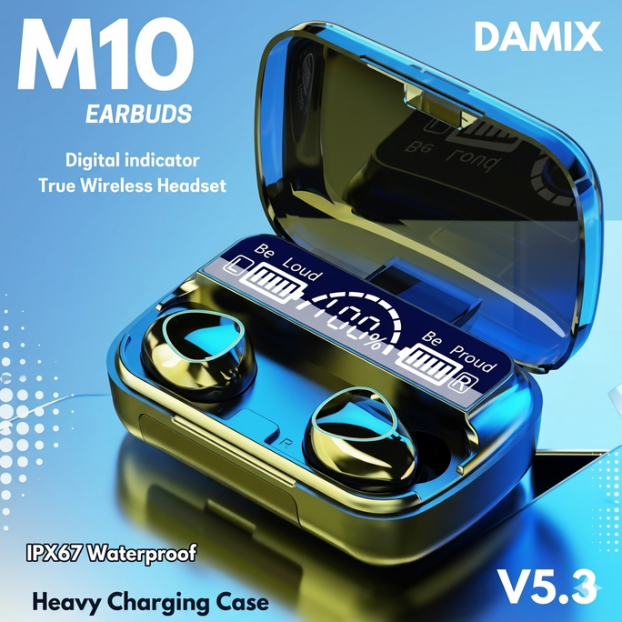 Original M10 TWS Bluetooth Earbuds Wireless Earphones, Bluetooth 5.1 Headphones, Hi-Fi Stereo Sound, 9D Noise Reduction, IPX7 Waterproof Headset with Large Capacity 3500mAh LED Display Charging Case/Powerbank & Mic Connectivity: