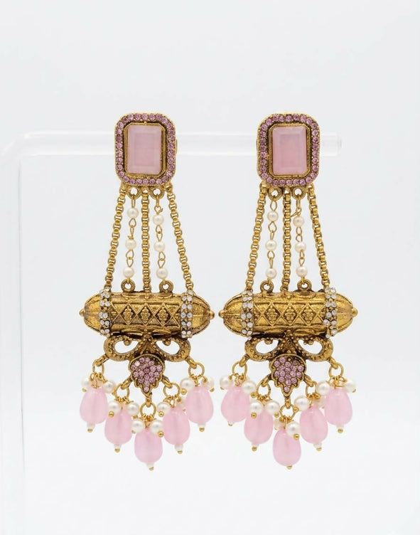 Elegant Turkish Manjus Long Drop Earrings for Women - Traditional Antique Style Filigree Hanging Earrings with Pearl Accents