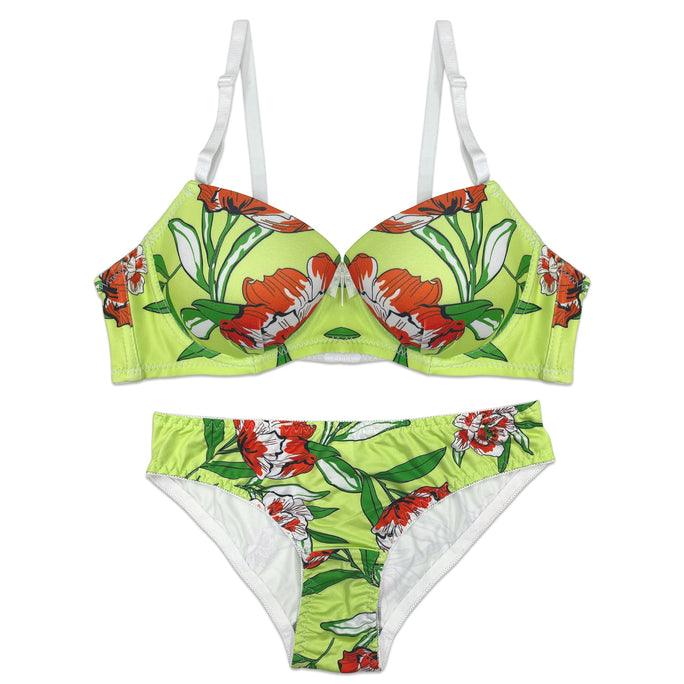 Sajiero Padded Bra Set - Green Floral