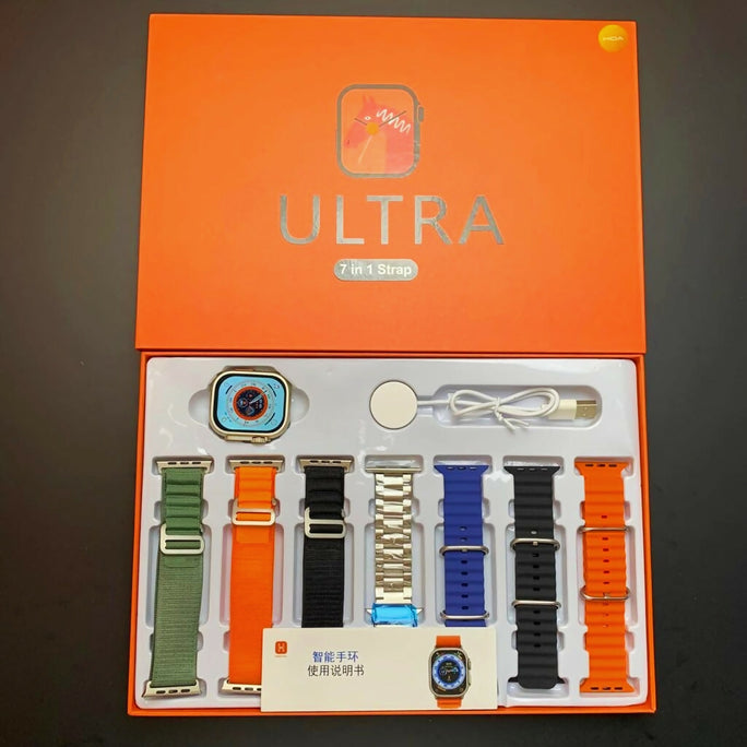 Ultra 3 Smartwatch 7-in-1 Set: Durable Stainless Steel Design, HD Display, Fitness Tracking & 7 Interchangeable Belts and chain walie