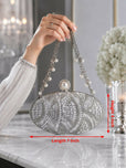Hand Beaded Oval Evening Clutch Bag for Women - Pearl Top Clasp with Detachable Chain Strap