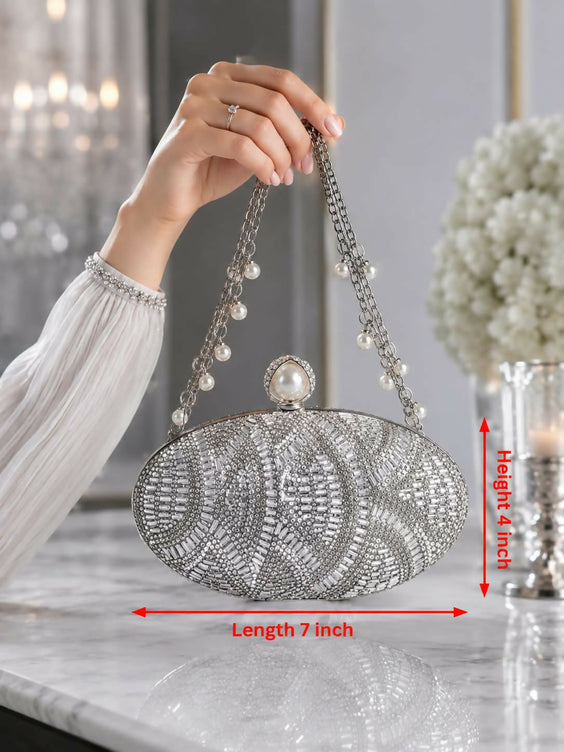 Hand Beaded Oval Evening Clutch Bag for Women - Pearl Top Clasp with Detachable Chain Strap