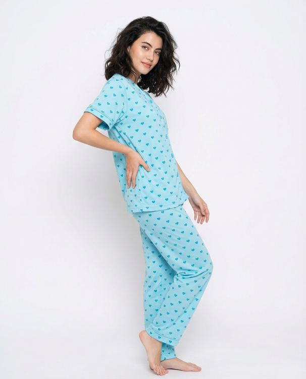 Sajiero Cotton PJ Set - Heart Bliss - Cyan