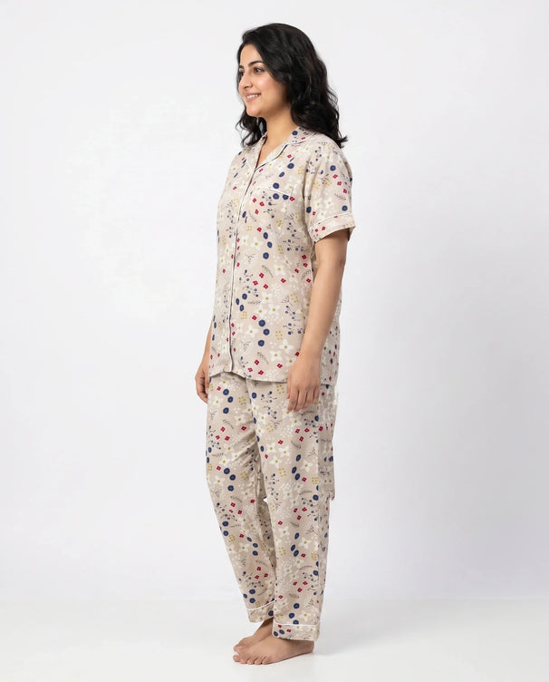 Sajiero Linen PJ Set - Floral Beige
