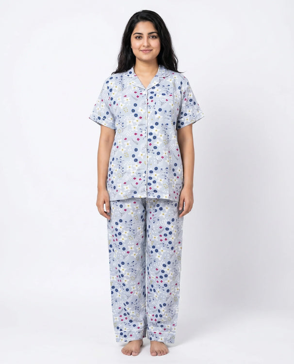 Sajiero Linen PJ Set - Floral Grey