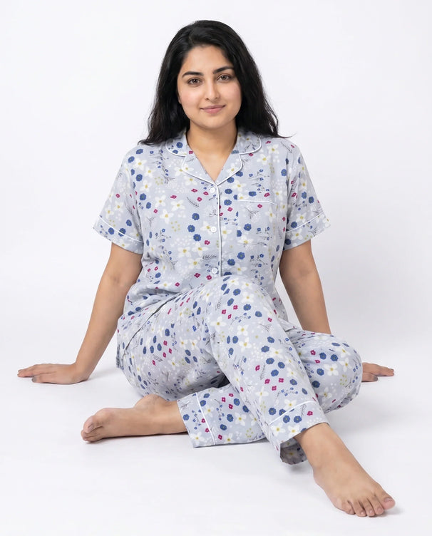 Sajiero Linen PJ Set - Floral Grey