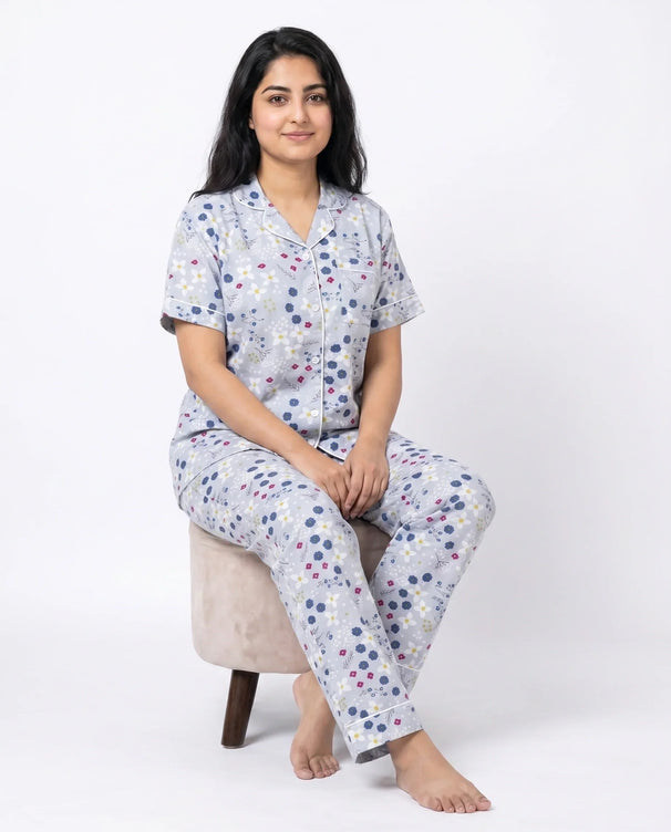 Sajiero Linen PJ Set - Floral Grey