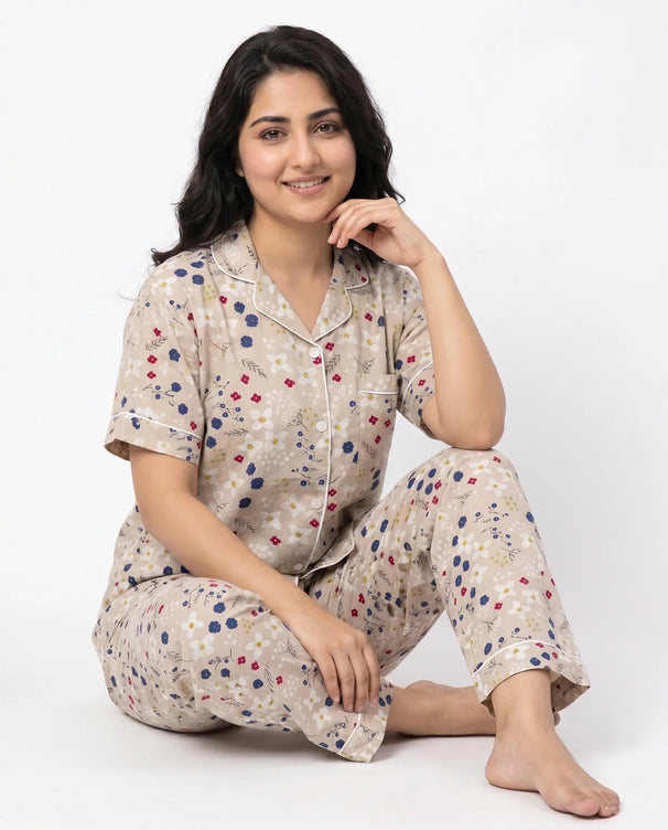 Sajiero Linen PJ Set - Floral Beige
