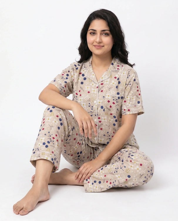 Sajiero Linen PJ Set - Floral Beige
