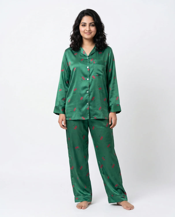 Sajiero Silk PJ Set- Cherry Green