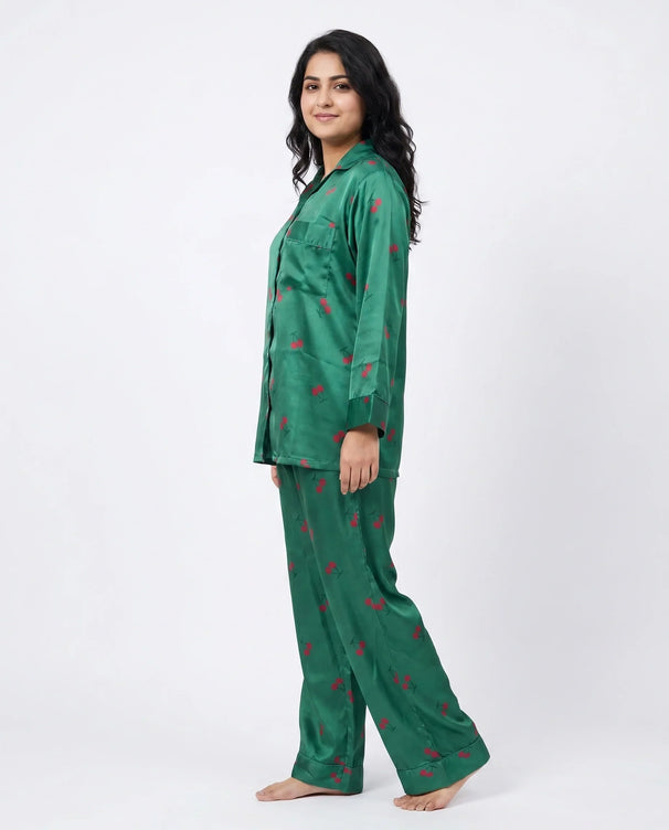 Sajiero Silk PJ Set- Cherry Green