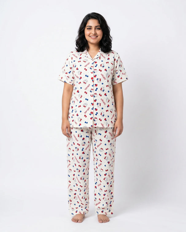 Sajiero Summer Crinkled Pajama Suit - Kitty Charm