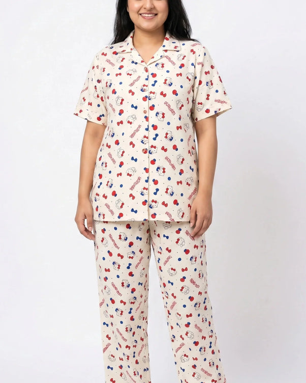 Sajiero Summer Crinkled Pajama Suit - Kitty Charm