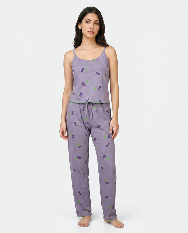 Sajiero Cotton Sleeveless PJ Set - Cherry Bliss - Purple