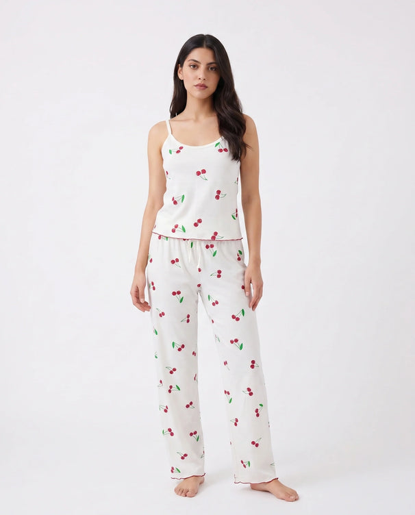 Sajiero Cotton Sleeveless PJ Set - Cherry Bliss - White