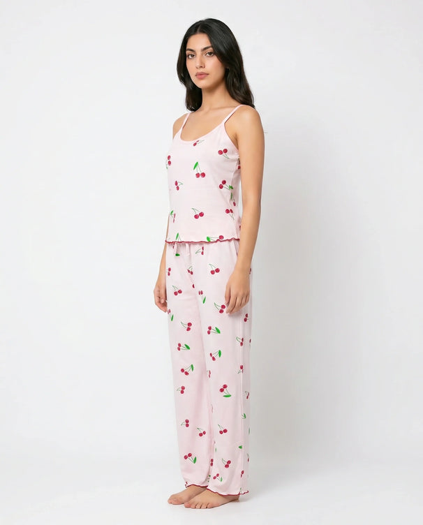 Sajiero Cotton Sleeveless PJ Set - Cherry Bliss - Pink