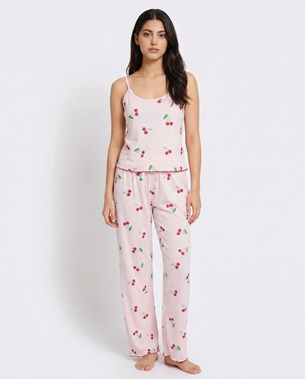 Sajiero Cotton Sleeveless PJ Set - Cherry Bliss - Pink