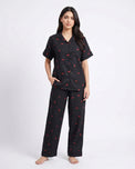 Sajiero Linen Pajama Suit - Flower Bloom - Black