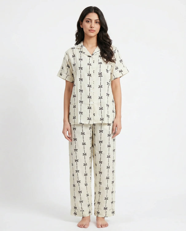 Sajiero Linen Pajama Suit - Sketched Bow