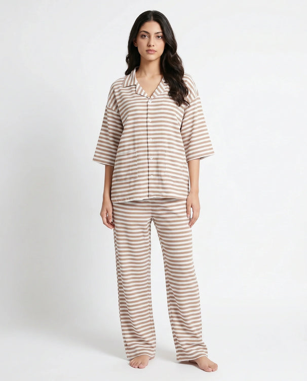 Sajiero Summer Loungewear Set - Monroe Stripe - Brown
