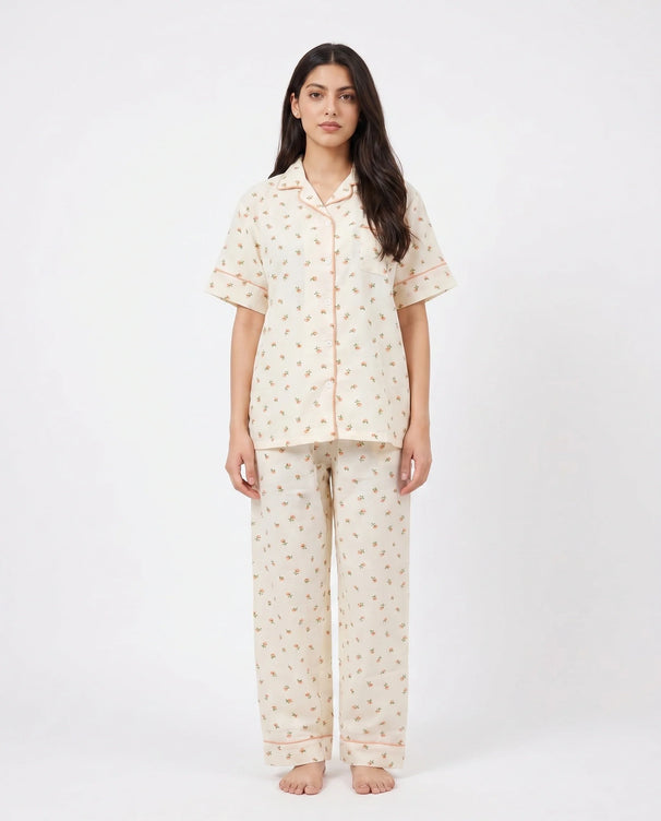 Sajiero Summer Crinkled Pajama Suit - Flora - Cream