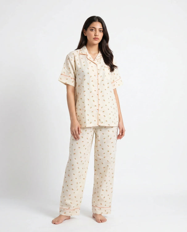 Sajiero Summer Crinkled Pajama Suit - Flora - Cream