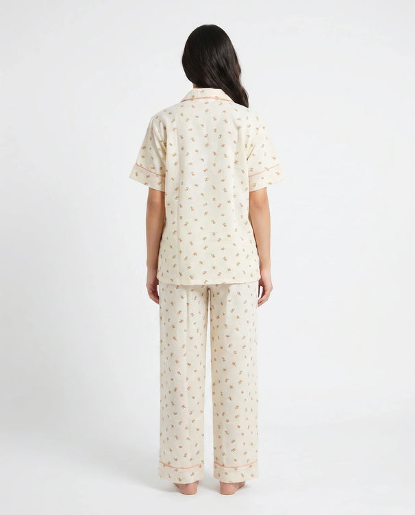 Sajiero Summer Crinkled Pajama Suit - Flora - Cream
