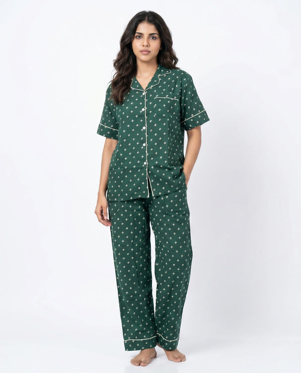Sajiero Linen Pajama Suit - Emerald Ease