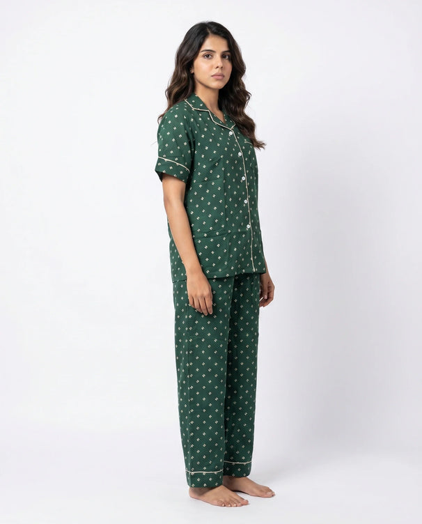 Sajiero Linen Pajama Suit - Emerald Ease