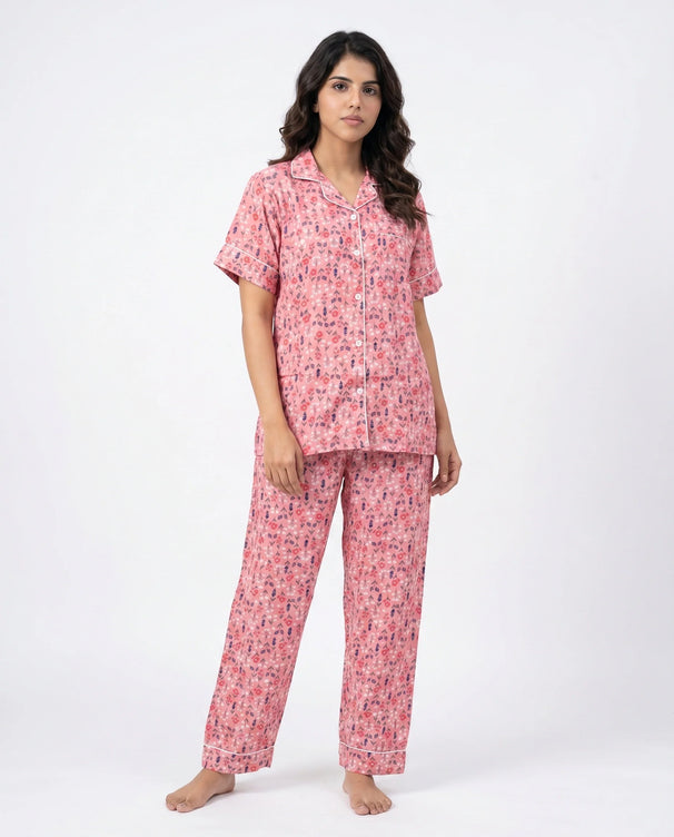 Sajiero Linen Pajama Suit - Rosy Meadow