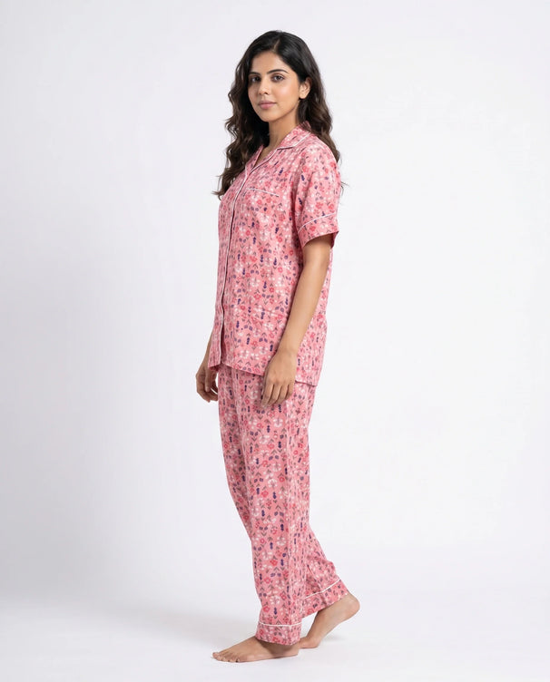 Sajiero Linen Pajama Suit - Rosy Meadow