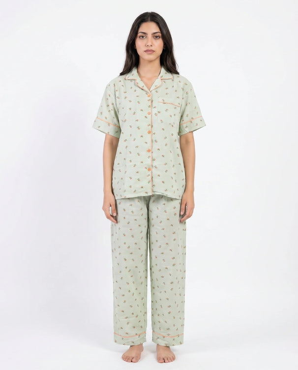 Sajiero Summer Crinkled Pajama Suit - Flora - Green