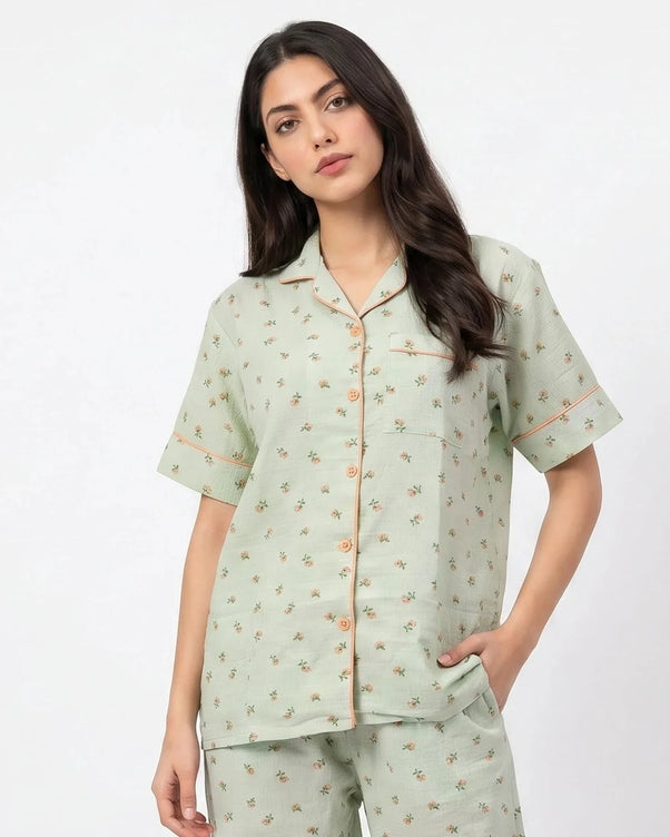 Sajiero Summer Crinkled Pajama Suit - Flora - Green
