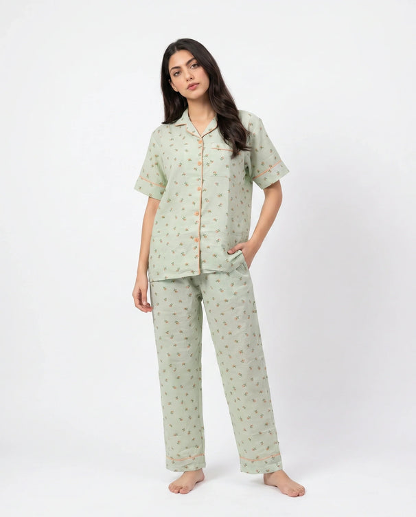 Sajiero Summer Crinkled Pajama Suit - Flora - Green